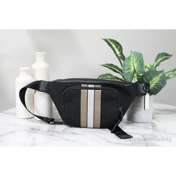 NWT Coach Men's Thompson Black Varsity Stripe Belt Bag Logo Jacquard Canvas LGE - Picture 2 of 10